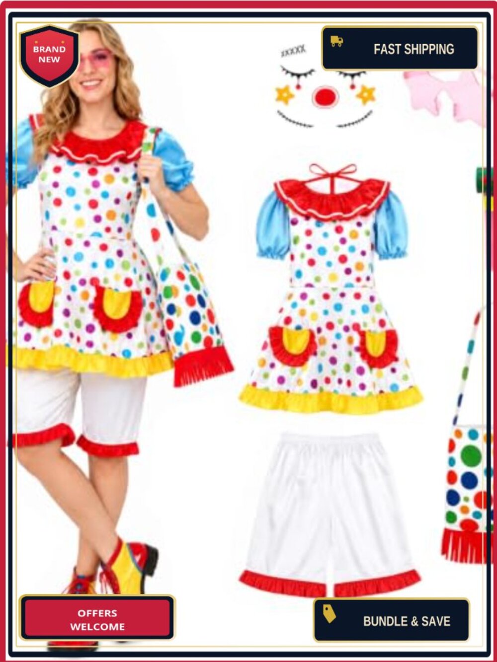 Womens Circus Clown Costume 6Pc Polka Dot Dress Short Set Halloween